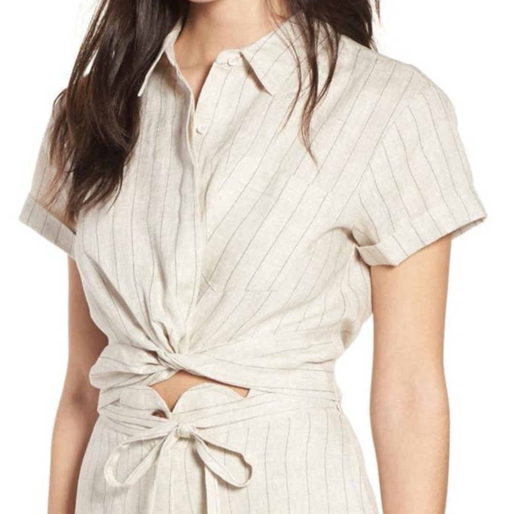 MOON RIVER linen twist hem beige stripe crop top M